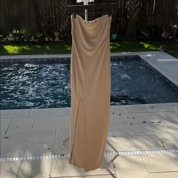 Fashion Nova Dresses & Skirts - Neutral Tan Strapless Maxi Dress with Side Slit